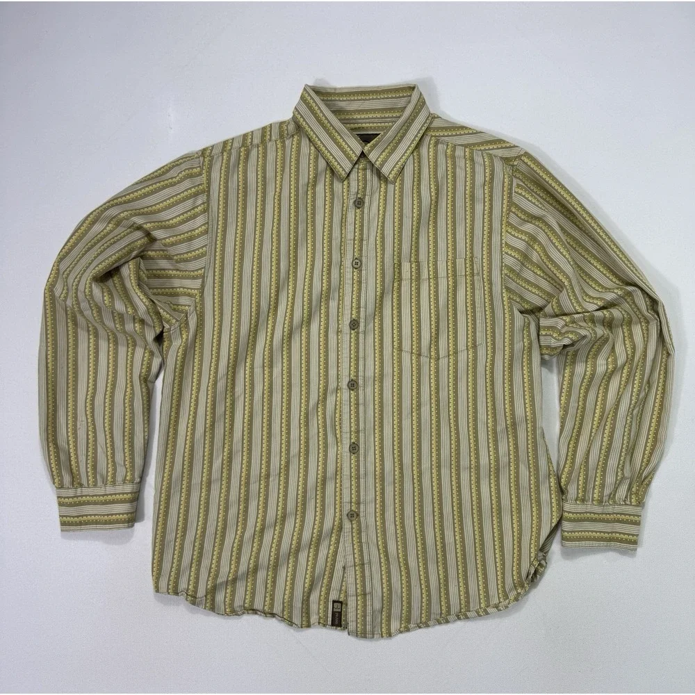 prAna Shirt Men Large Beige Striped Long Sleeve Button Up Outdoor Western Casual